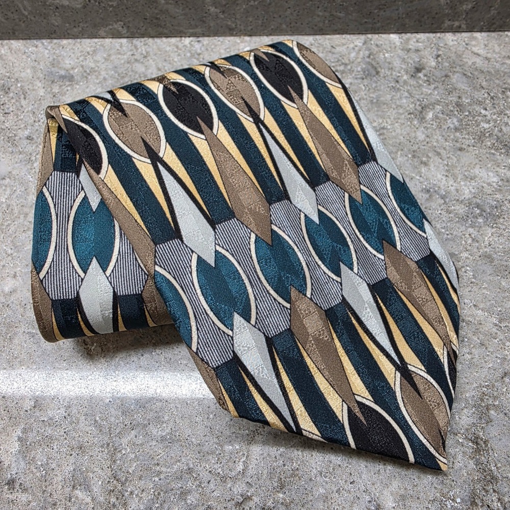 Pierre Balmain Couture Mens Silk Tie Teal Gold Black Geometric Abstract Vintage